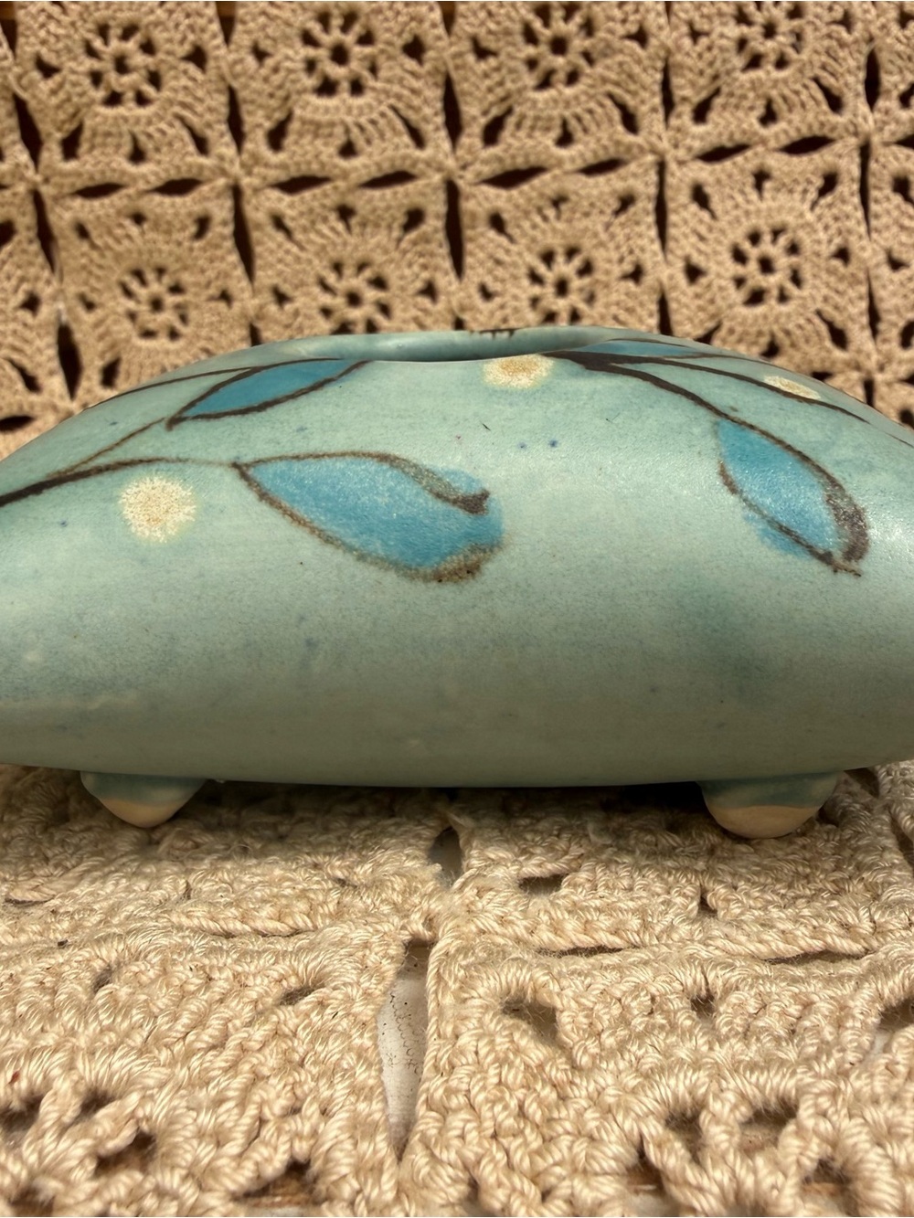Vintage Studio Pottery Pillow Ikebana Vase Flower Frog Stamped MK Blue Teal - Picture 6 of 11
